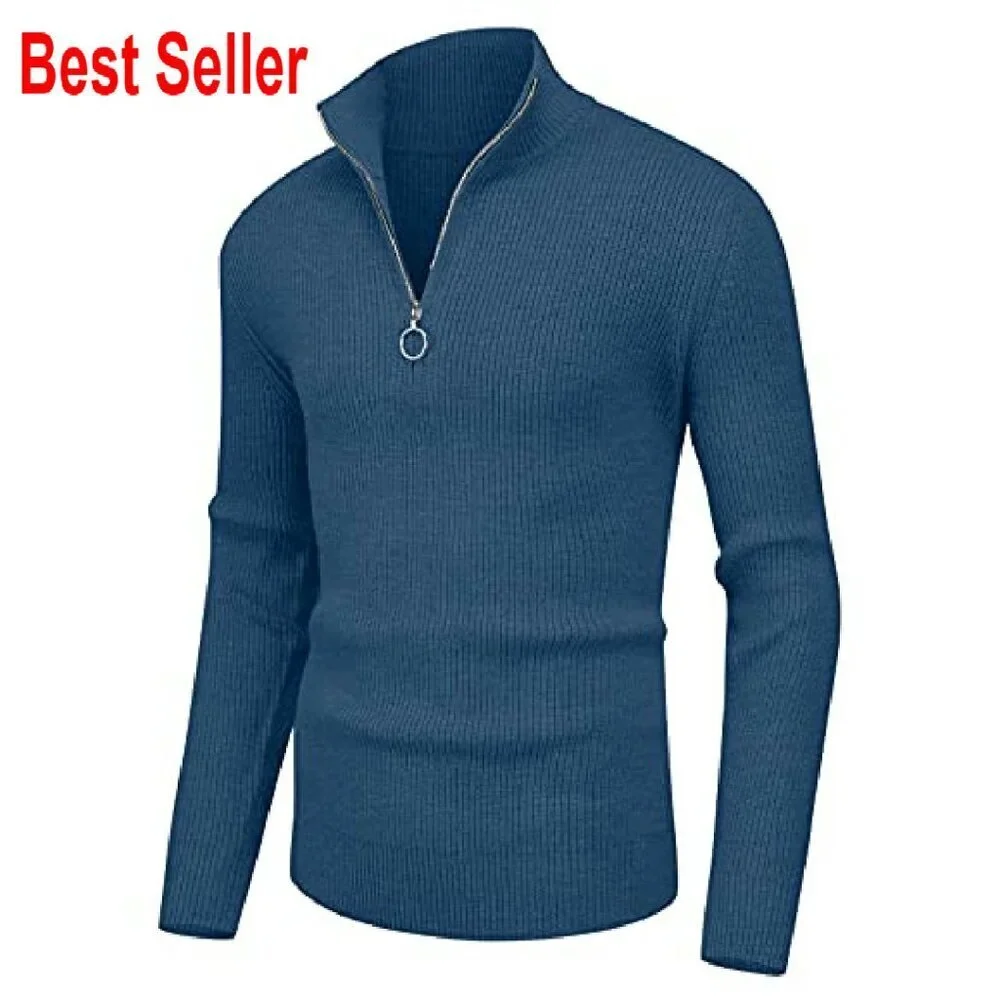 Quarter Zip Turtleneck Sweater Classic Ribbed Pullover Soft Knit Men's